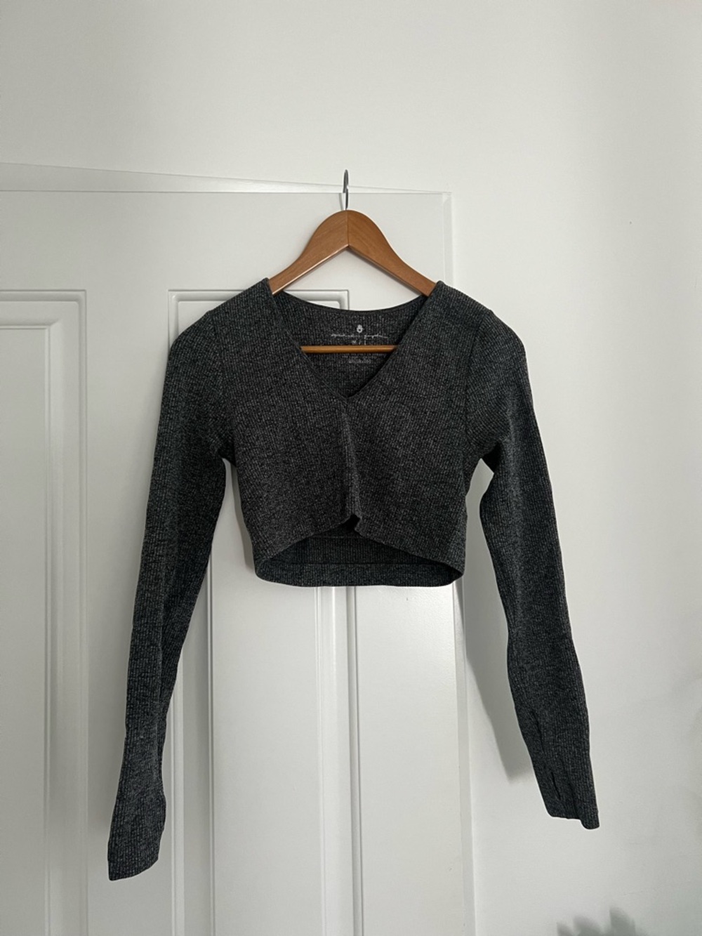 Spiritual Gangster Cropped Wrap V-Neck Long Sleeve Top - Charcoal